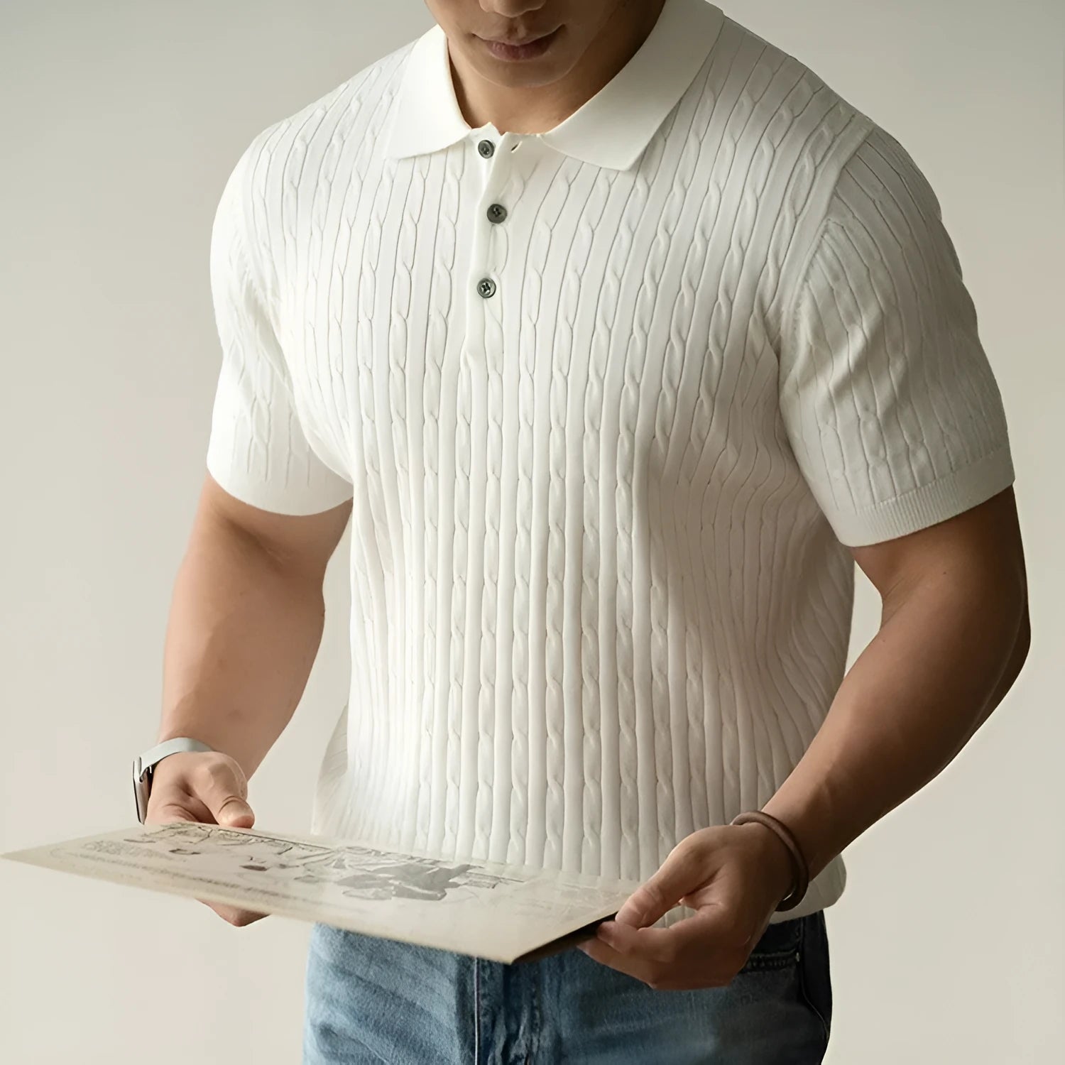 Men's short sleeve business commute top in khaki colour showing front view with size options