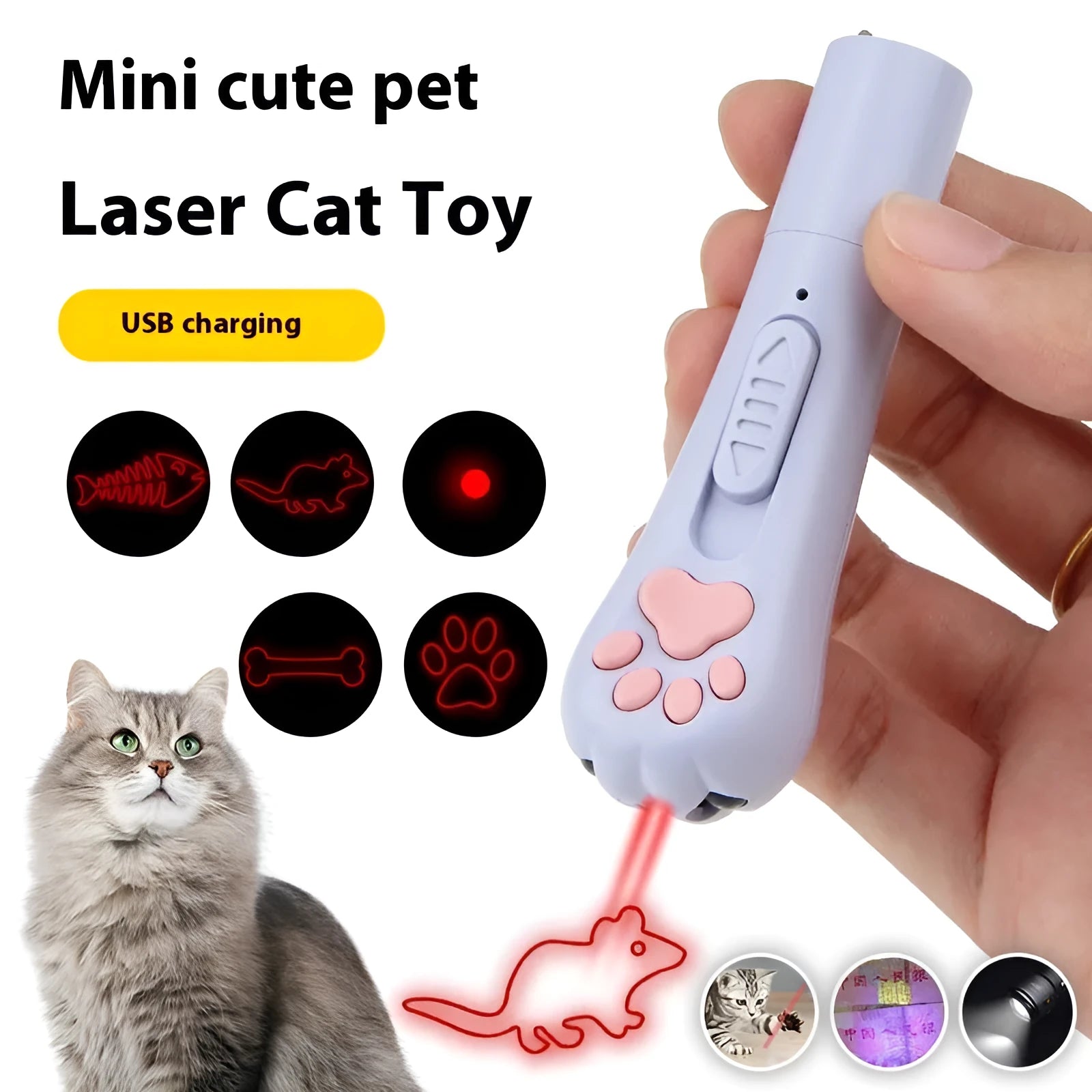Infrared cat teasing stick toy with moon light lamp and laser patterns in blue, pink, purple, and white colour options