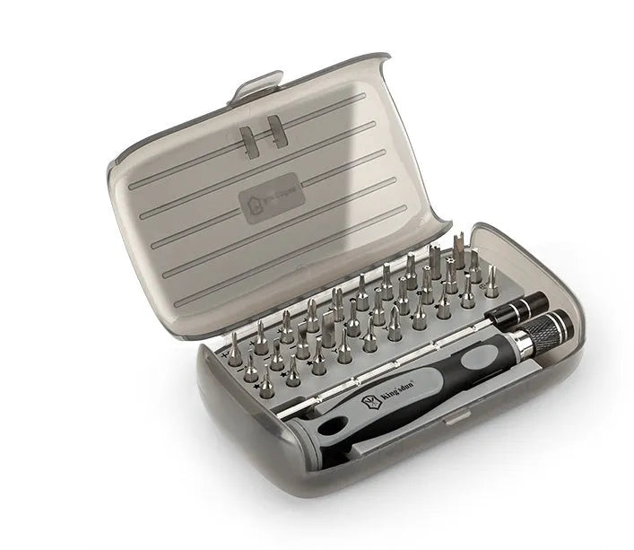 32 in 1 screwdriver set with 30 bits in a neutral coloured plastic case, dimensions 130mm.