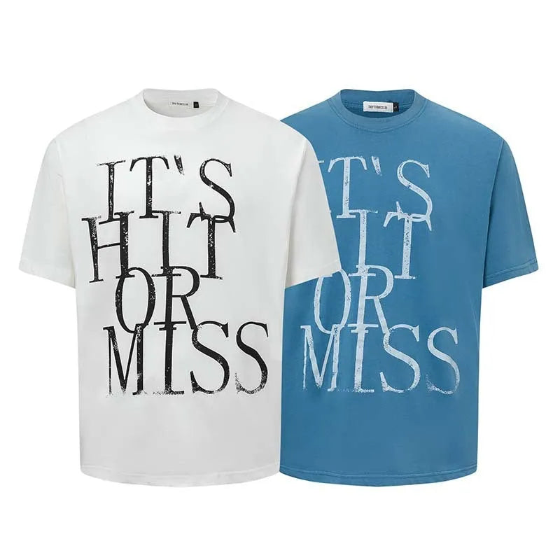 Men's blue American Retro style T-shirt with white printed letter design, round neck, loose fit