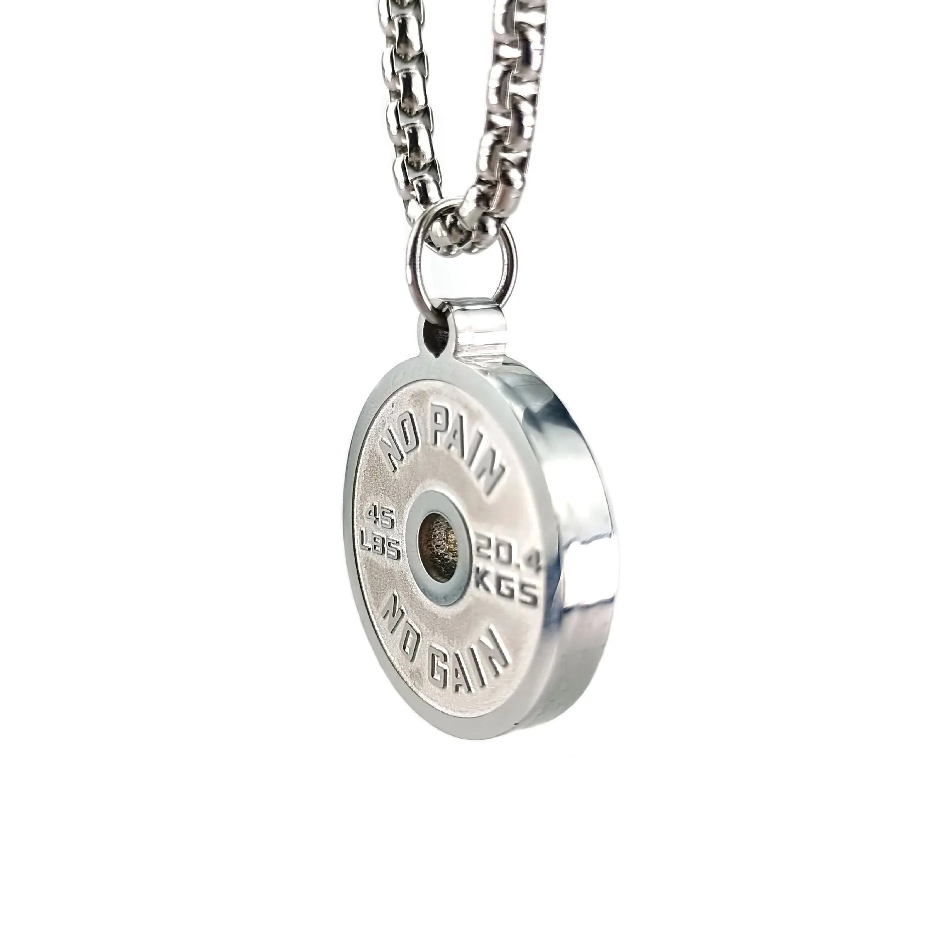 Stainless steel barbell disk geometric pendant necklace on a choice of 60cm chain.
