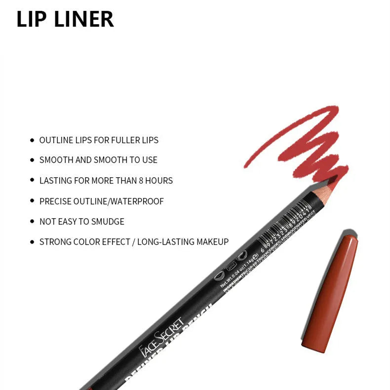 Matte finish lip liner pencil in wood-toned shades with water-resistant 24-hour formula