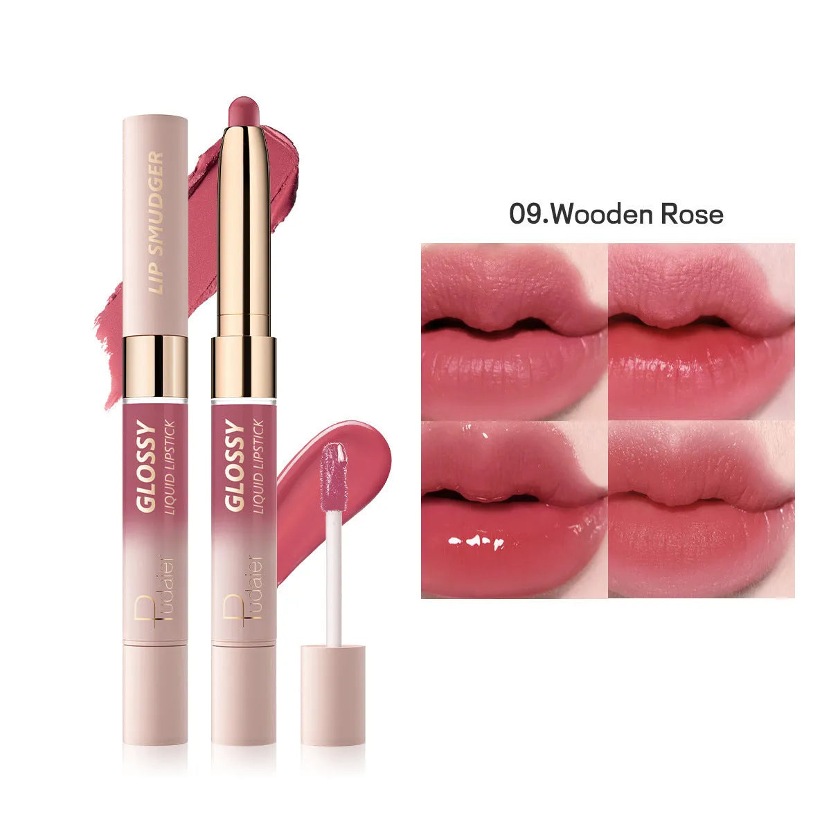 Double-headed lipstick and lip gloss in matte finish showing 10 colour options numbered 01 to 10