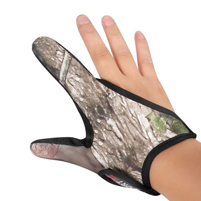 Two-finger fishing glove showing microfiber palm and diving cloth back in camouflage pattern