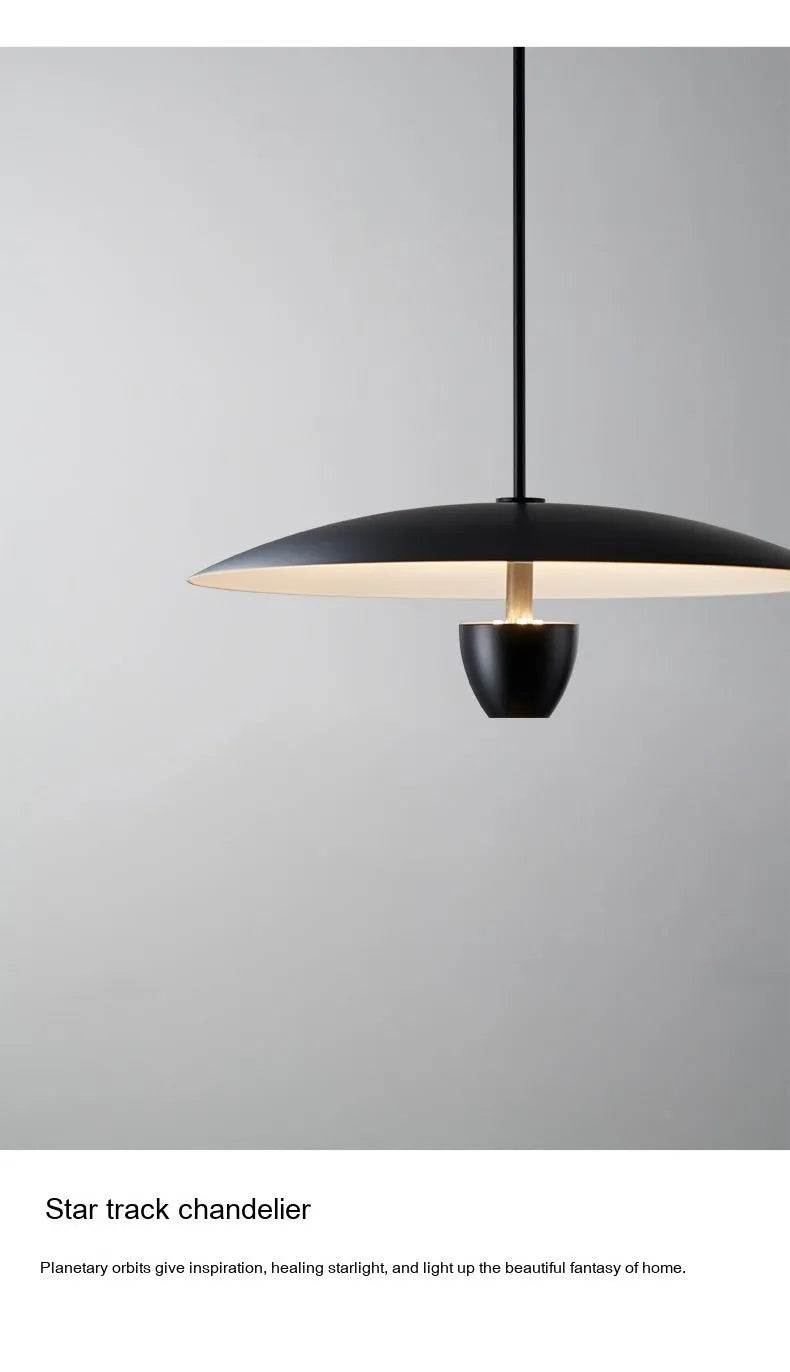 Black modern minimalist Nordic chandelier with warm light illumination