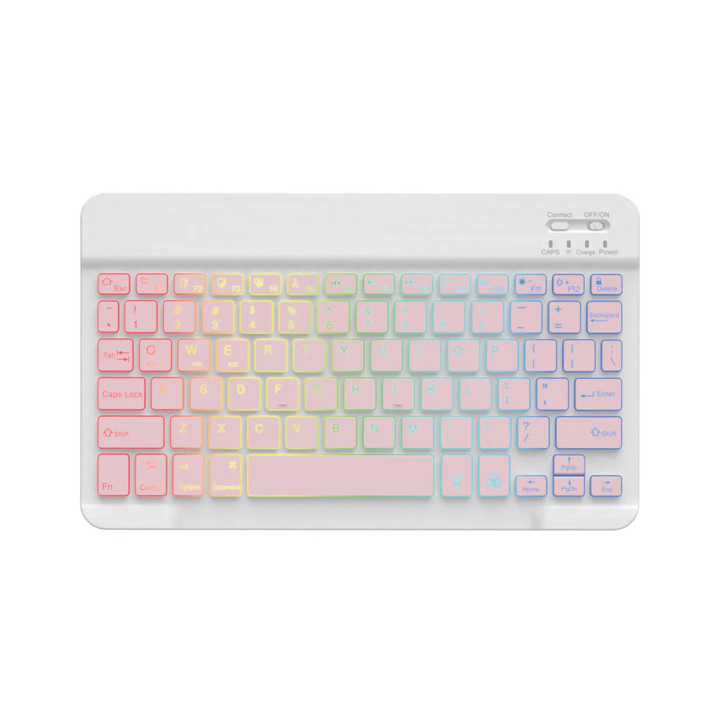 10-inch backlit Bluetooth wireless keyboard for tablets showing colourful LED lighting.