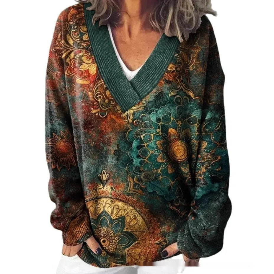 Women's V-neck floral print sweatshirt with 3D pattern and long sleeves