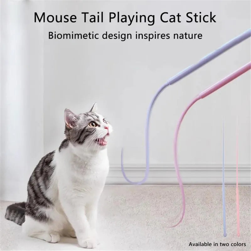 Simulated mouse tail cat toy with blue silicone tail and cat head design handle