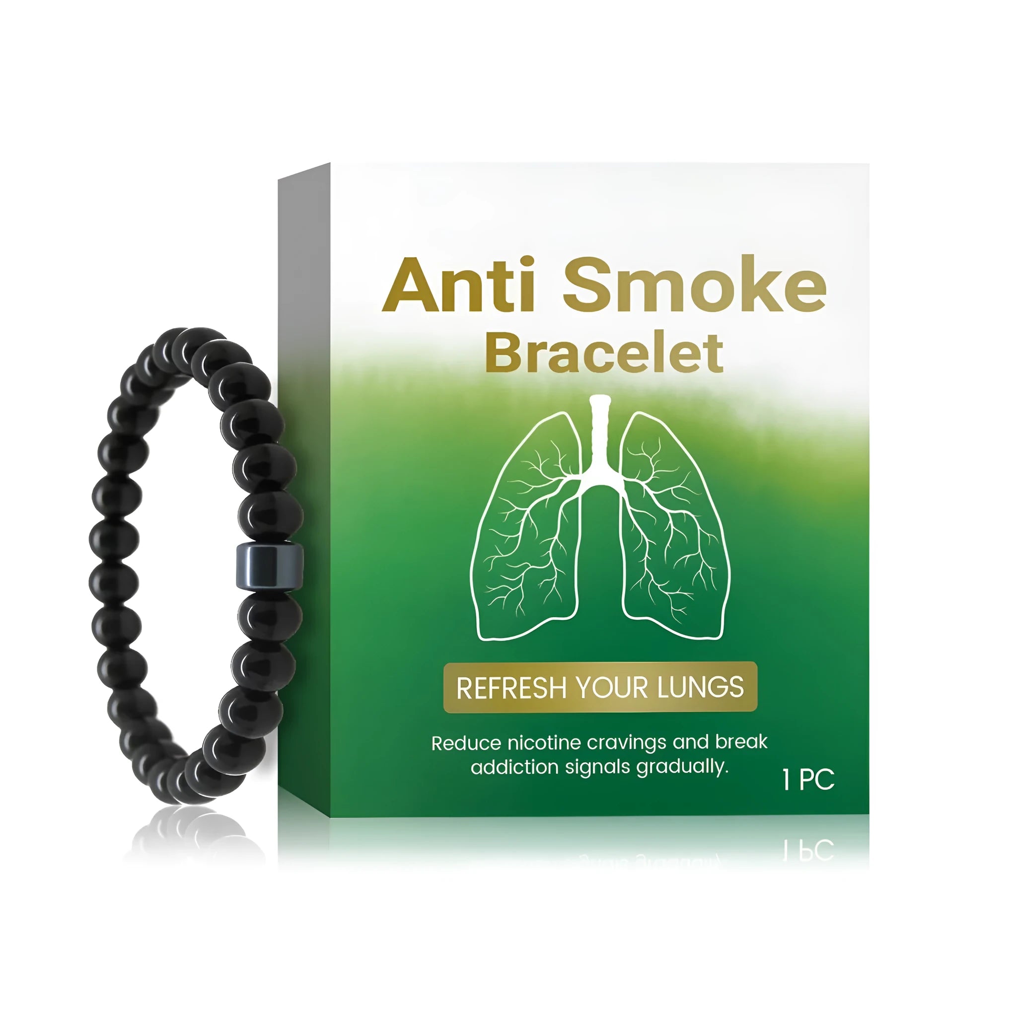 Men's smoke prevention bracelet made of glass and black gallstone beads on a wrist.
