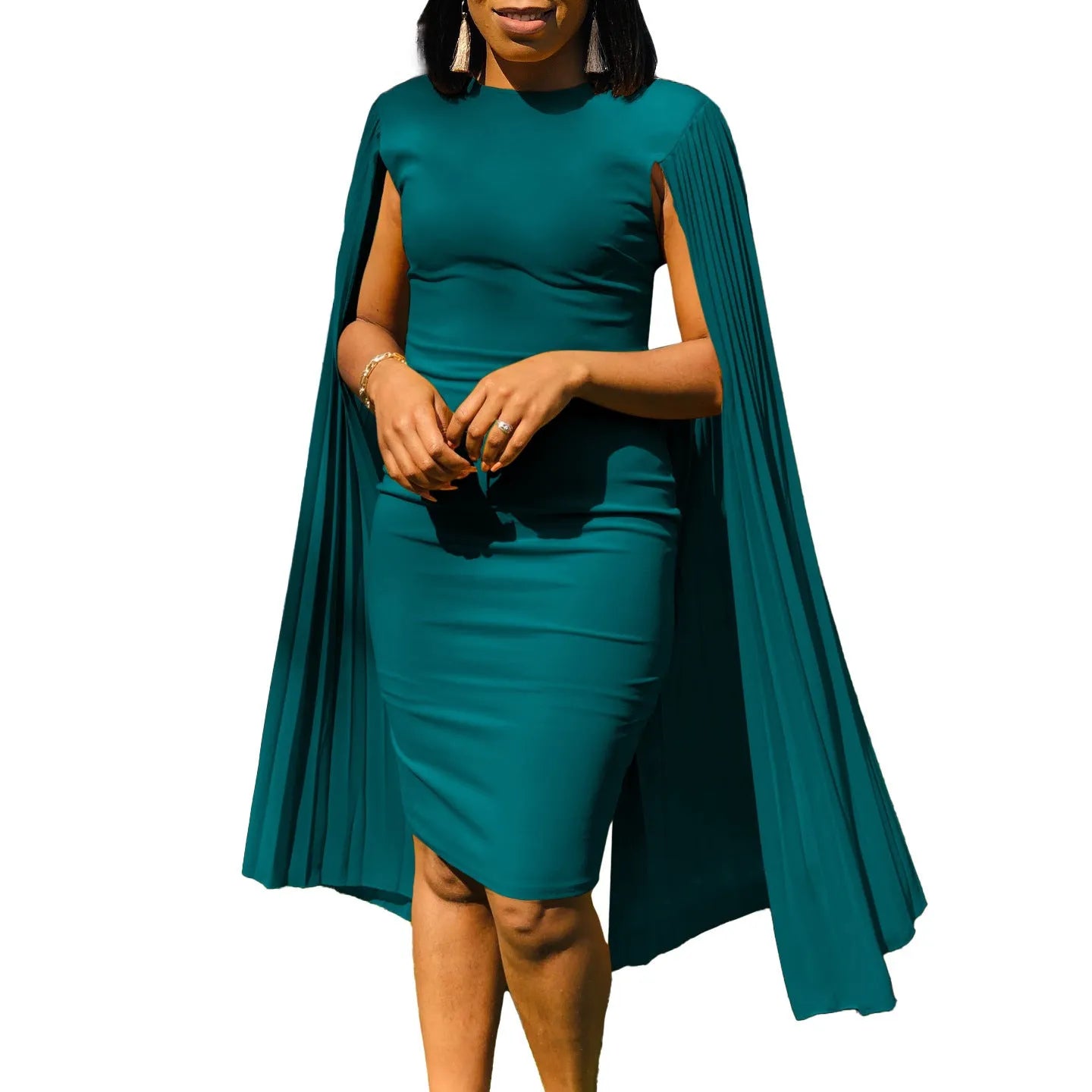A yellow high-waist evening gown with a round neck, long sleeves, and a pleated shawl detail.