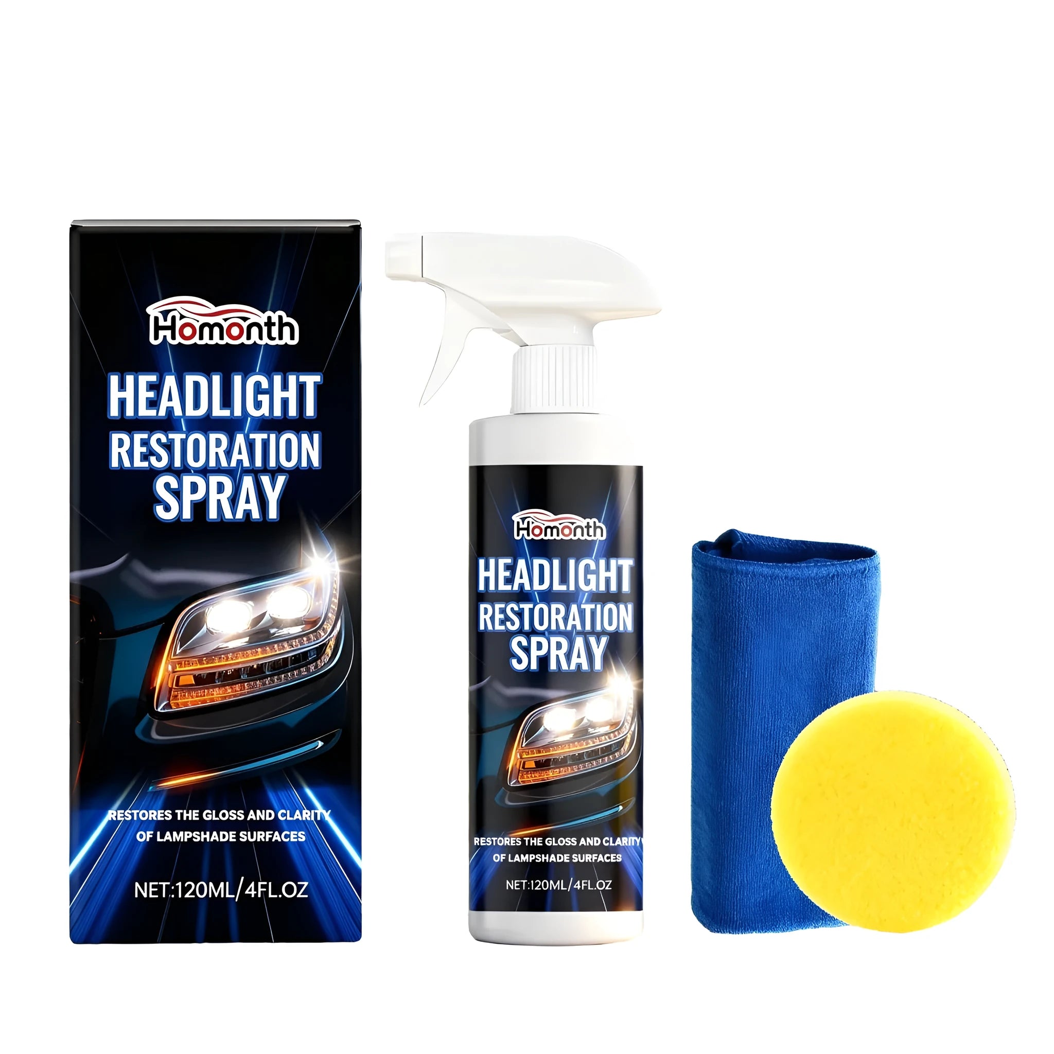 HOMONTH 120ml headlight restoration spray bottle with applicator sponge and microfiber towel