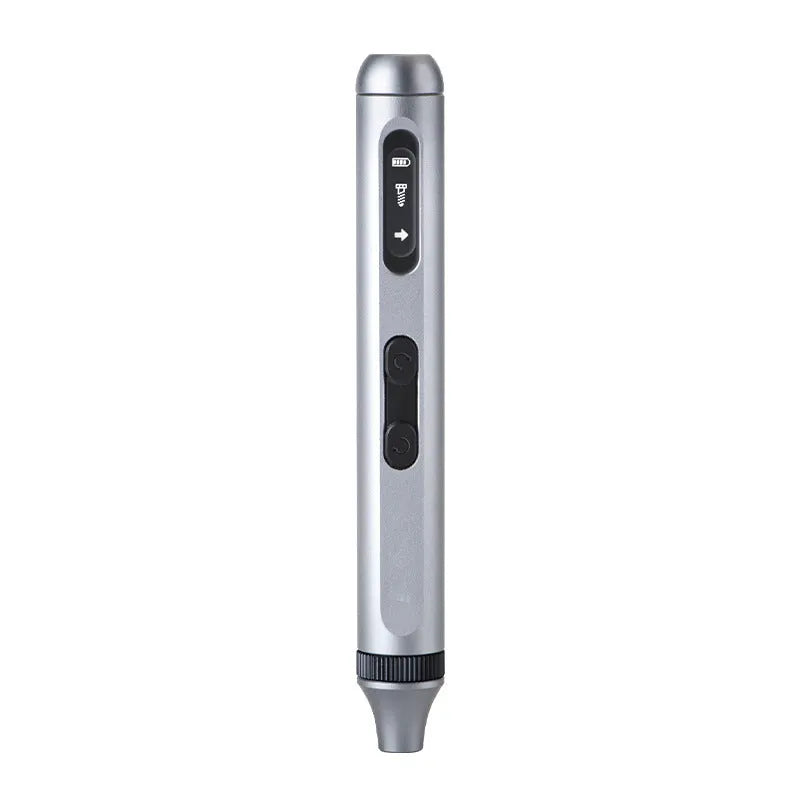 Compact aluminium electric screwdriver with bit holder, showing scale against a hand.