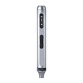 Compact aluminium electric screwdriver with bit holder, showing scale against a hand.