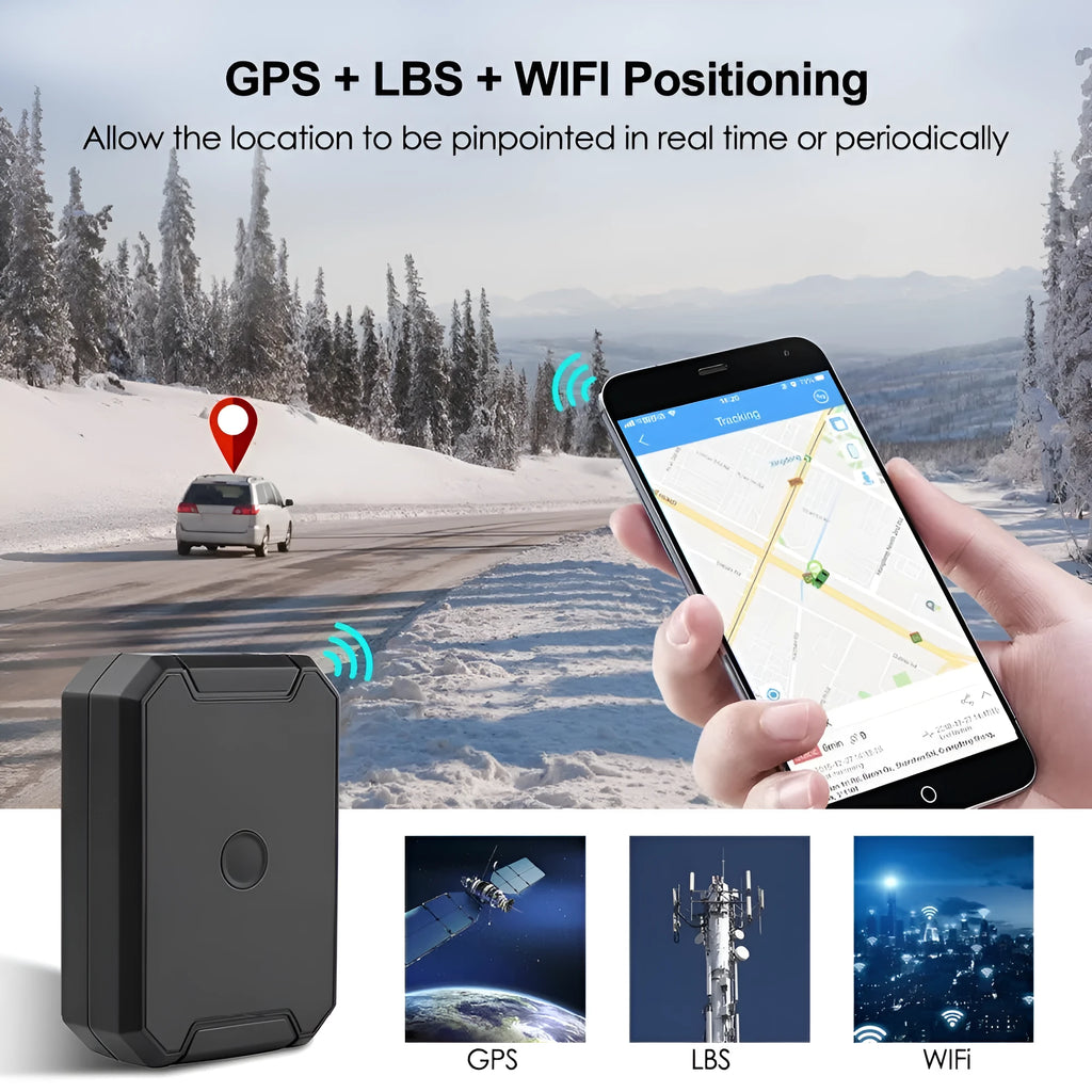 Black GPS car locator with 6000mAh battery and ceramic antenna for vehicle tracking.