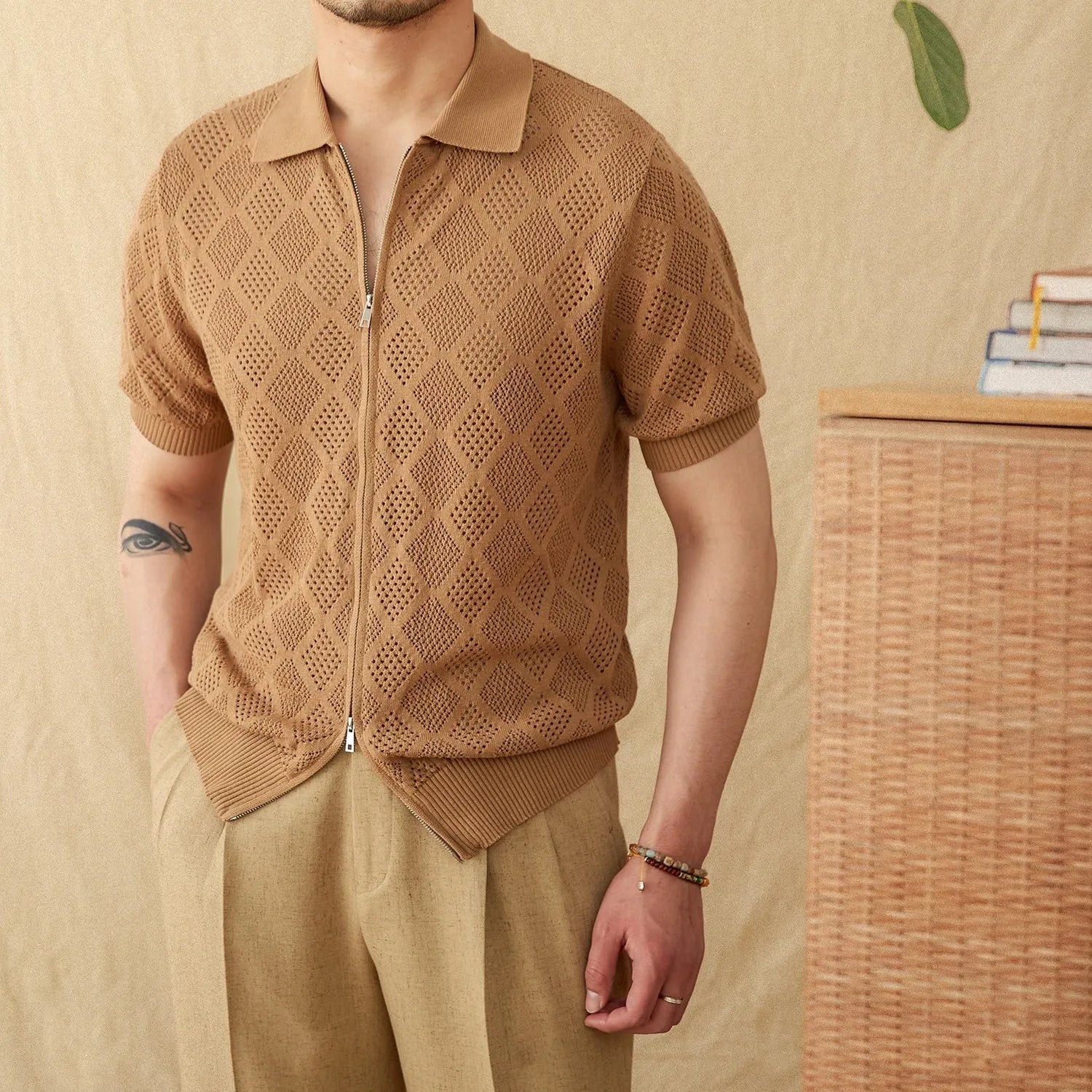Men's light coffee cotton cardigan with zipper front and lapel collar shown on hanger
