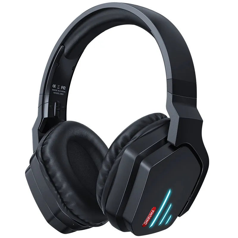 Luminous black wireless gaming headphones with head-mounted design showing NFC connectivity symbol