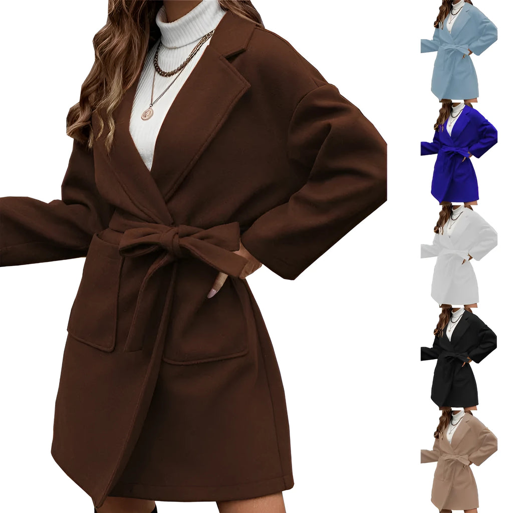 Minimalist long sleeve lapel button split belt coat in thick polyester fabric