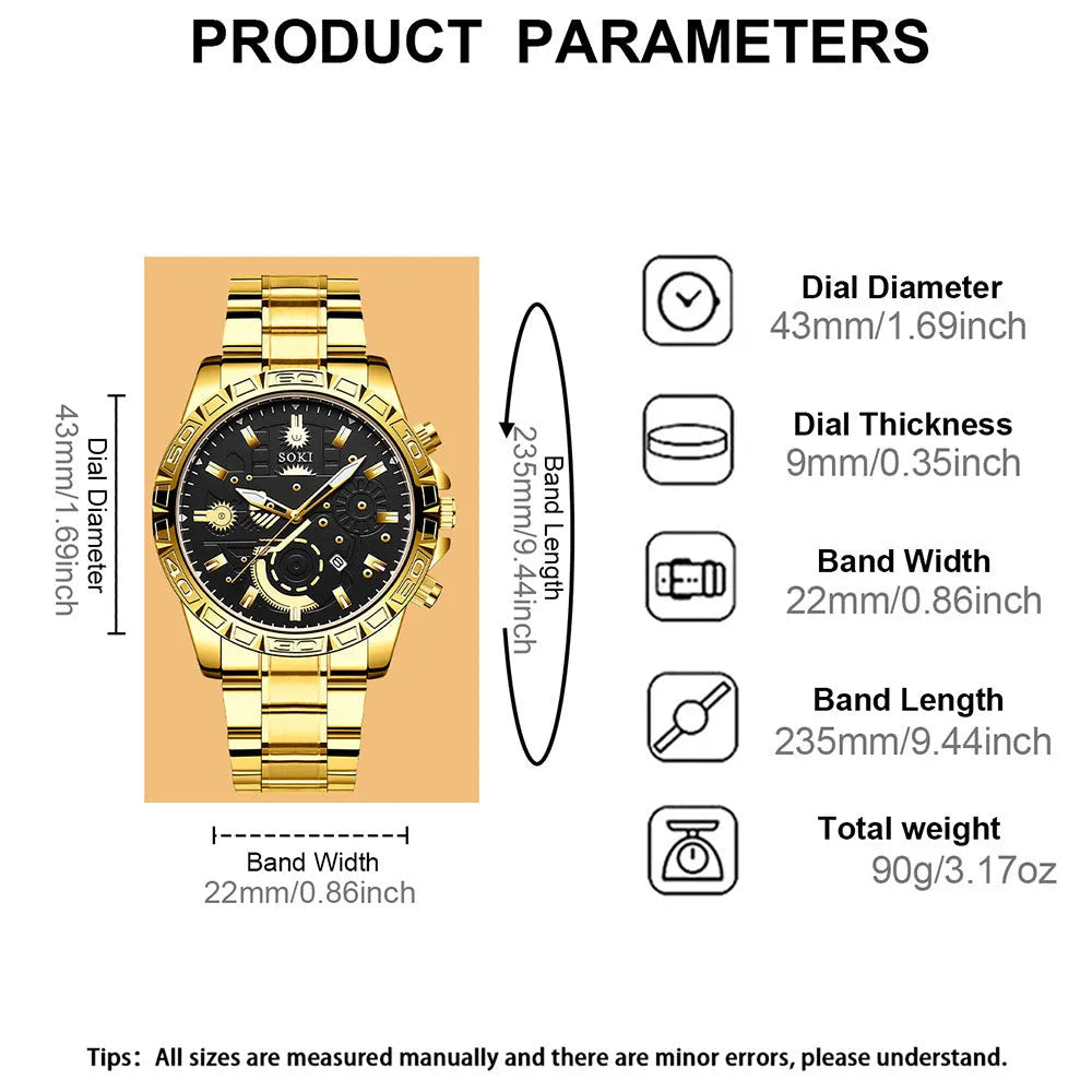 Gold stainless steel men's business watch with calendar display and steel bracelet