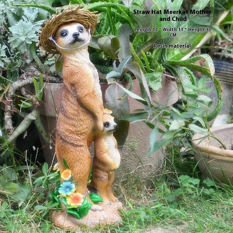 Yellow-brown resin mongoose garden ornaments with straw hats and gardening tools