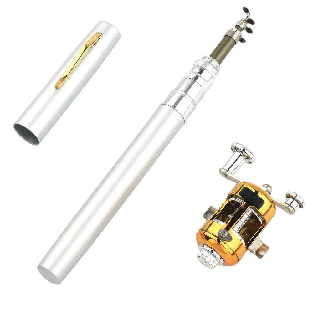 Gold portable telescopic pocket fishing rod extended next to its small aluminium alloy storage case.