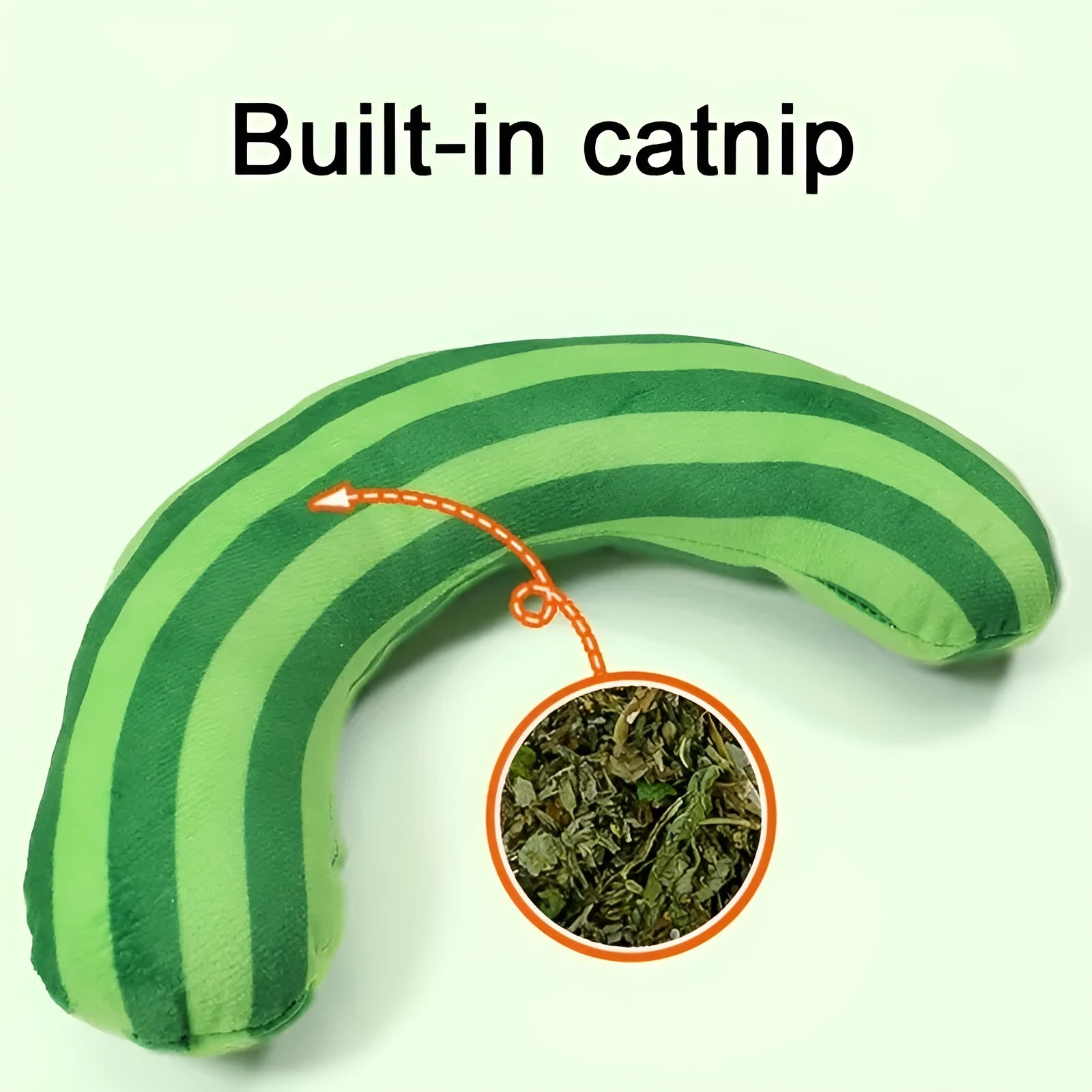 Striped pattern cat pillow toy with noise maker and catnip strip, shown in green colour.