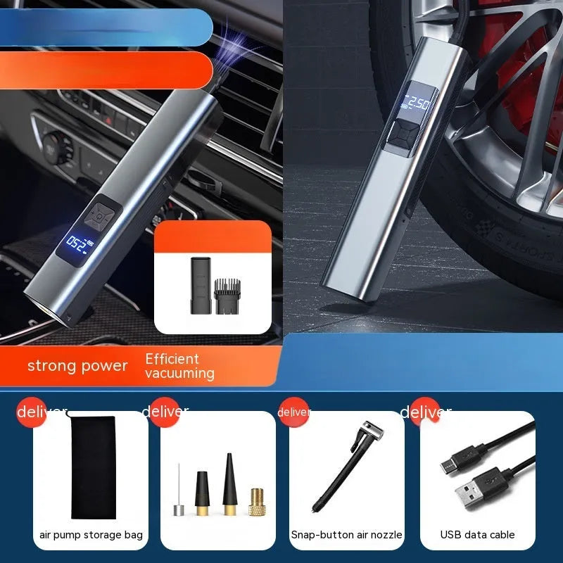 Wireless digital display car air pump and vacuum cleaner with LED light, showing included nozzles and storage bag.