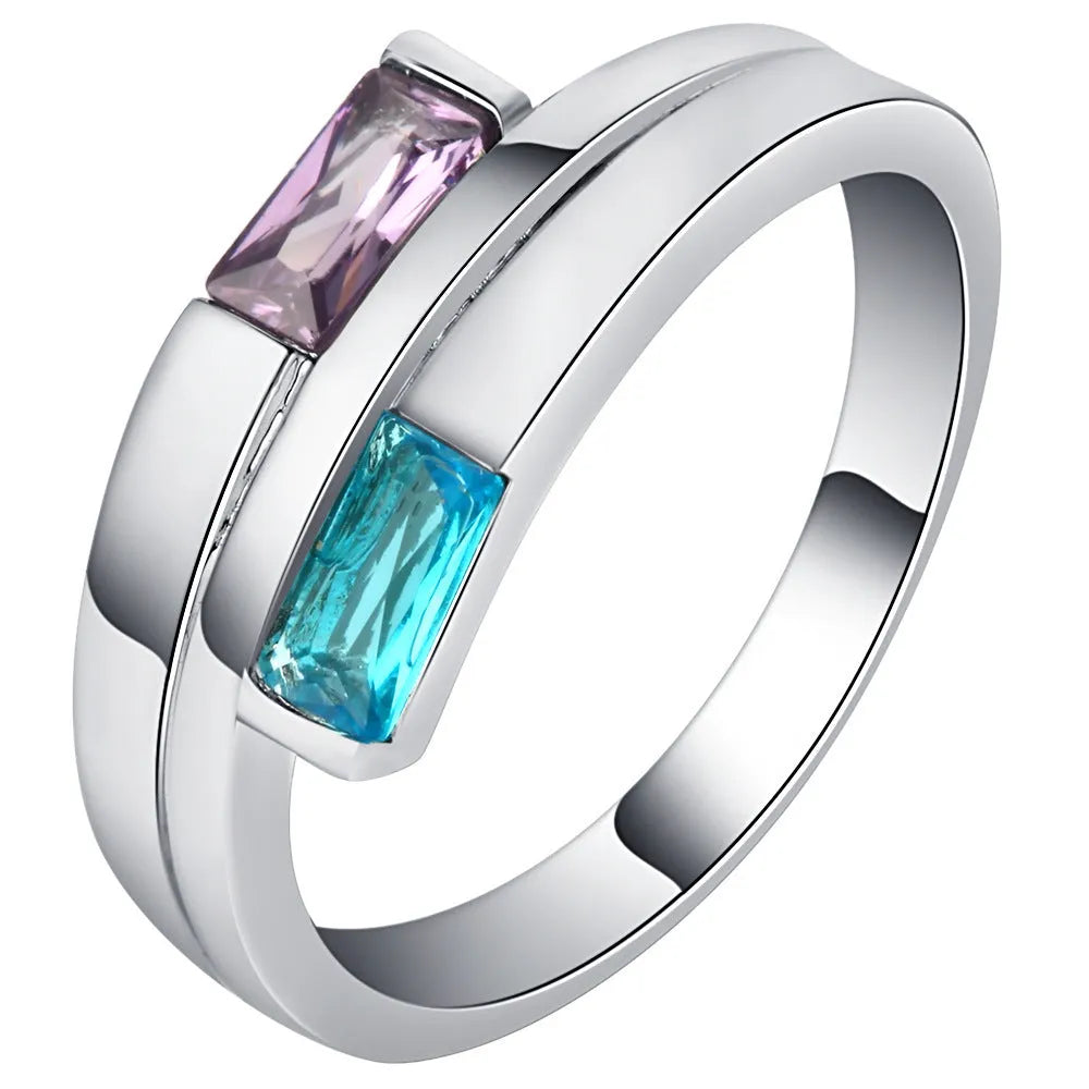Copper electroplated zircon ring in silver colour showing European and American ins style design