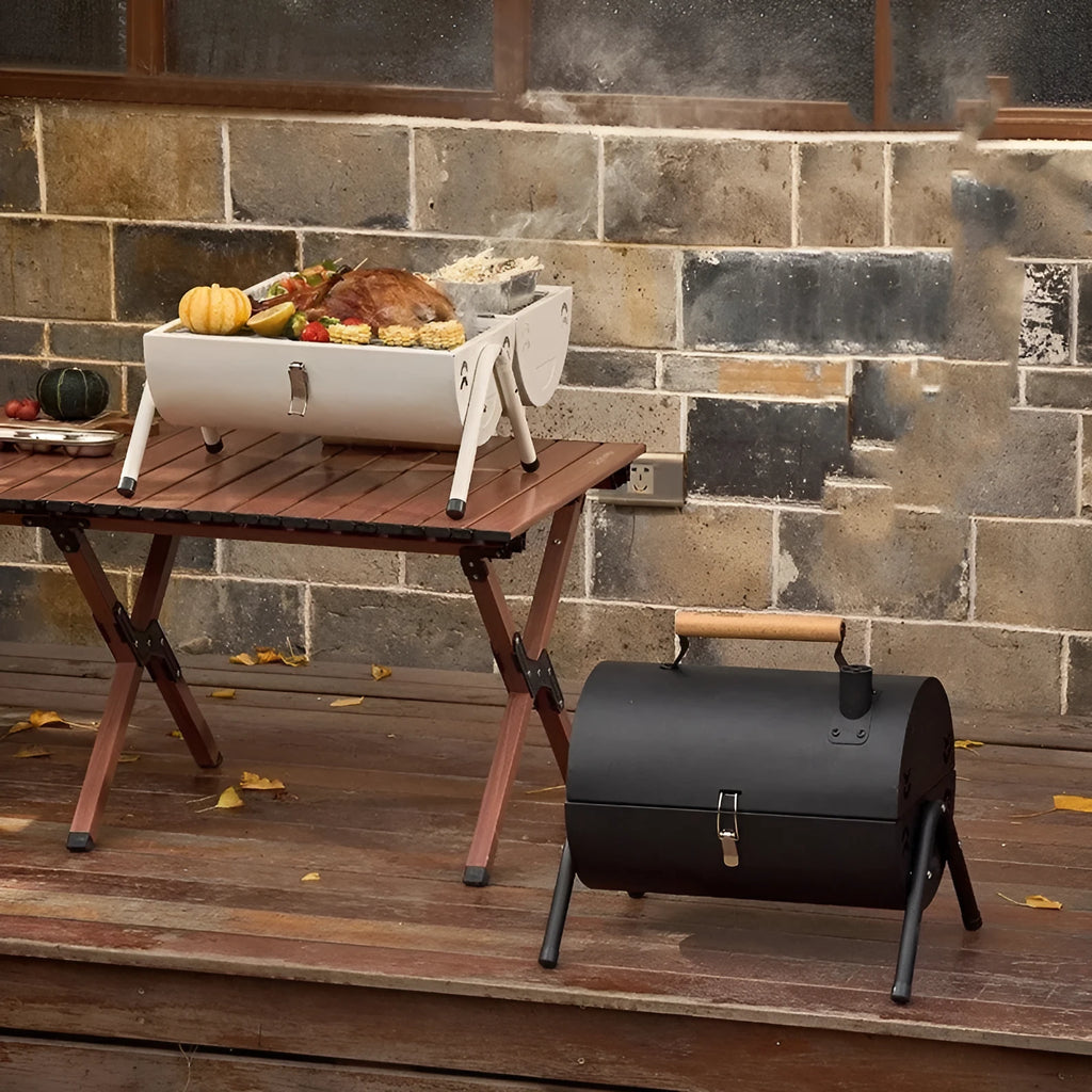 White round portable multifunctional grill with foldable design and carbon tank construction