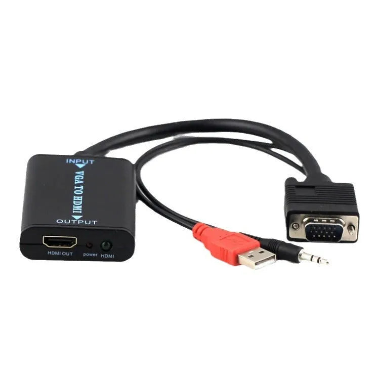 Black VGA to HDMI female converter with attached USB power cable for 1080p video conversion.
