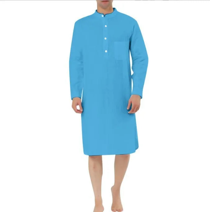 Men's cotton shirt robe in various colours shown with shirt-style front