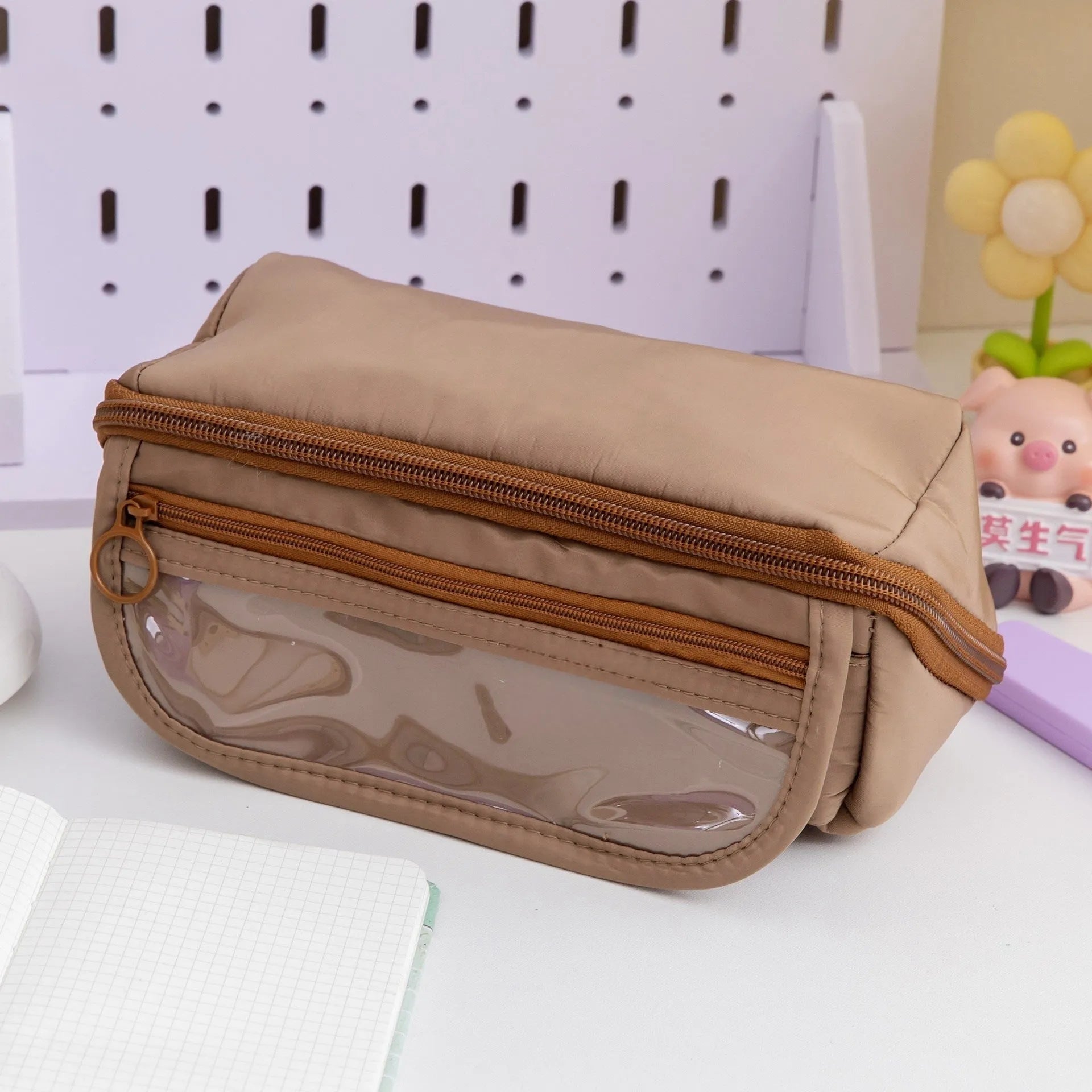Canvas pencil case with multi-layer flip design in Korean style showing six colour options