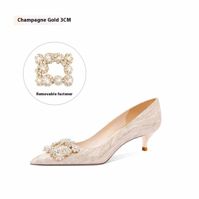 Champagne gold pointed toe high heels with stiletto heel and rhinestone decoration