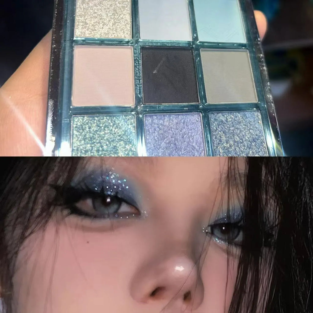 MUGELEEN nine-colour eye shadow palette 08 showing low saturation blue and earth tones with matte shimmer finishes