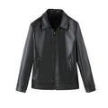 Black men's PU leather jacket with zip pockets and loose fit design