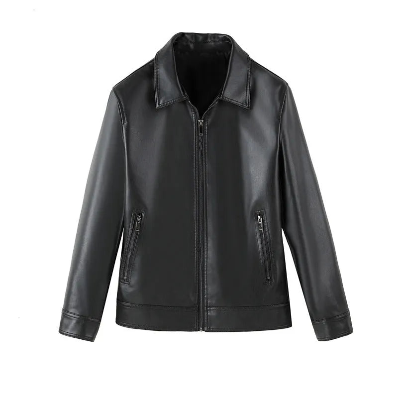 Black men's PU leather jacket with zip pockets and loose fit design