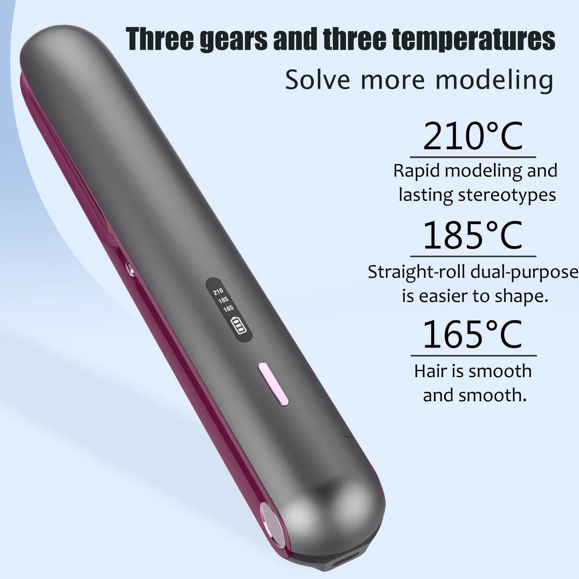 Moon shadow gray wireless hair straightener with tourmaline ceramic plates and temperature control dial