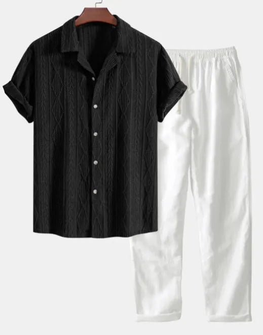 Camouflage printed short-sleeve shirt and trousers casual suit set on a hanger.