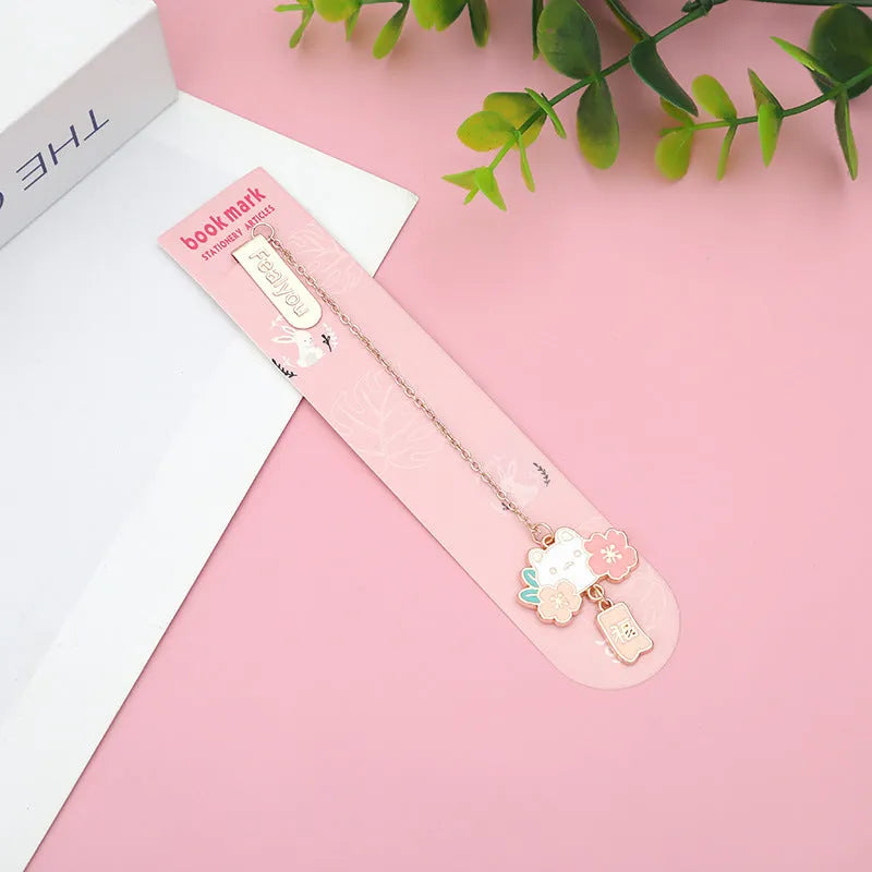 Cute cartoon metal pendant bookmark with cherry cat and sakura bunny designs