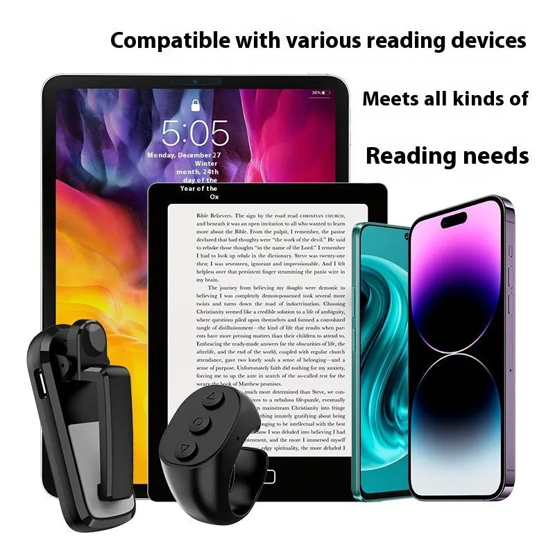 Smart wireless page turner remote and clicker in black, white, or pink colours.