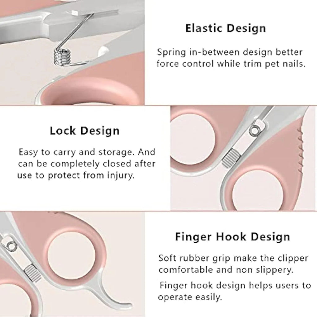 Cat nail clippers with angled stainless steel blade and safety lock in grey or pink