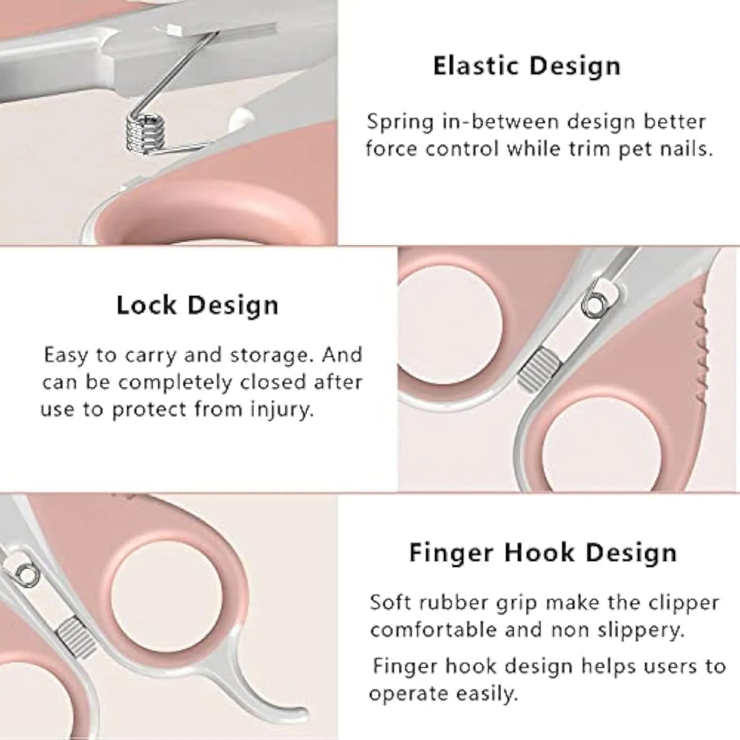Cat nail clippers with angled stainless steel blade and safety lock in grey or pink