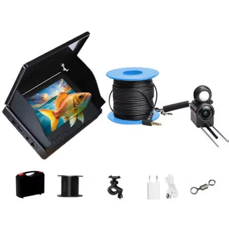 Fish finder unit with 4.3-inch IPS screen showing underwater HD camera feed with night vision lights.