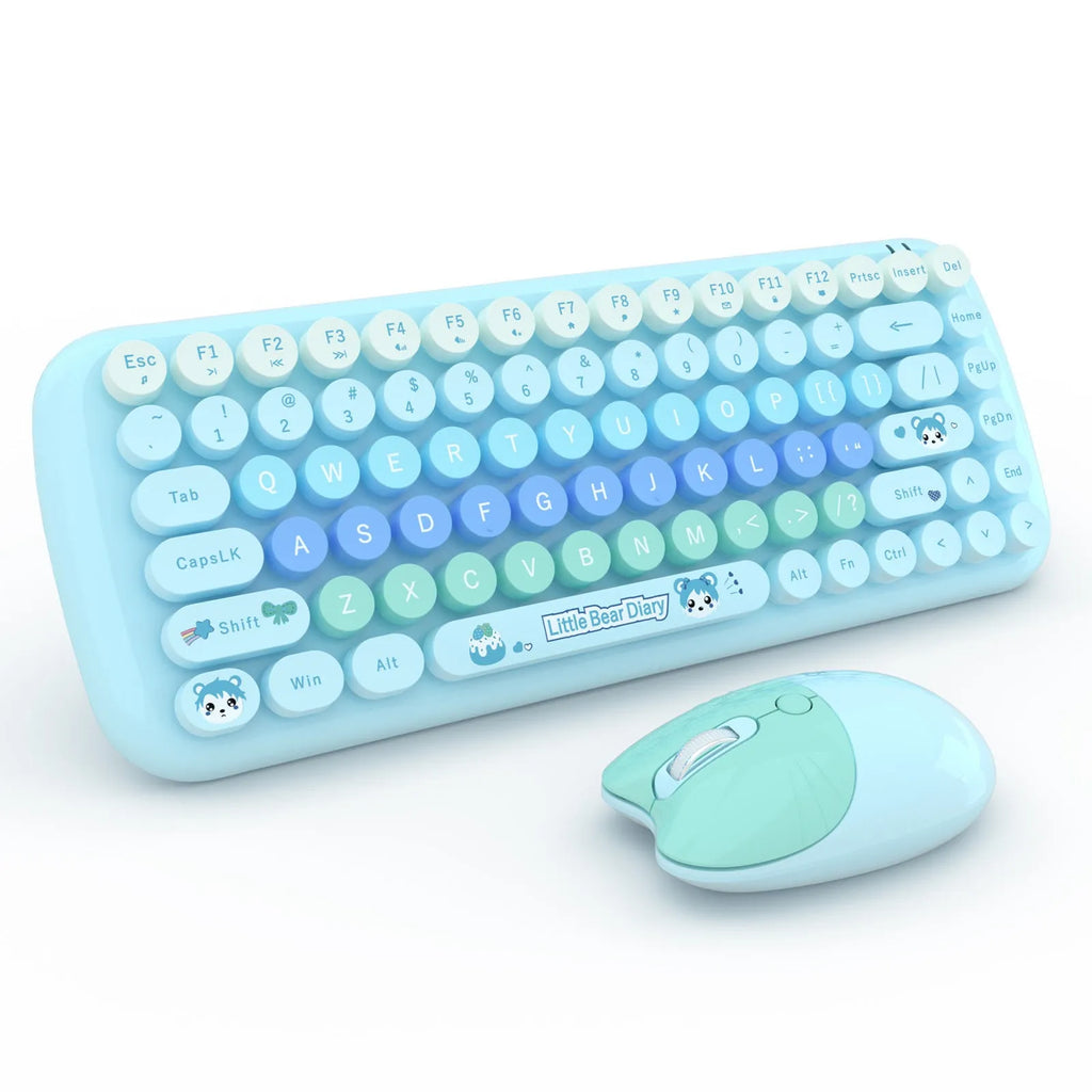 Pink wireless keyboard and mouse set with compact design for desk use