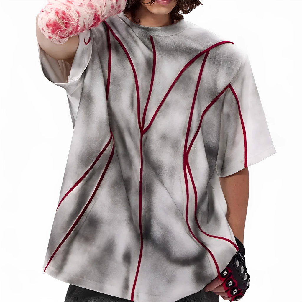 Women's short sleeve T-shirt with padded shoulders and textured 3D line patchwork detail on a round neck top.
