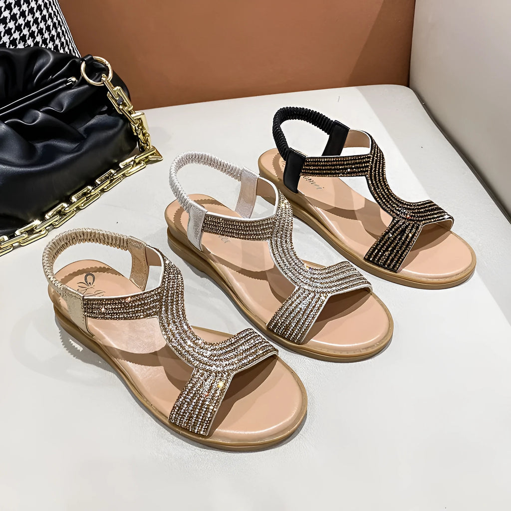 Women's patent leather beach sandals with rhinestone decoration on round toe