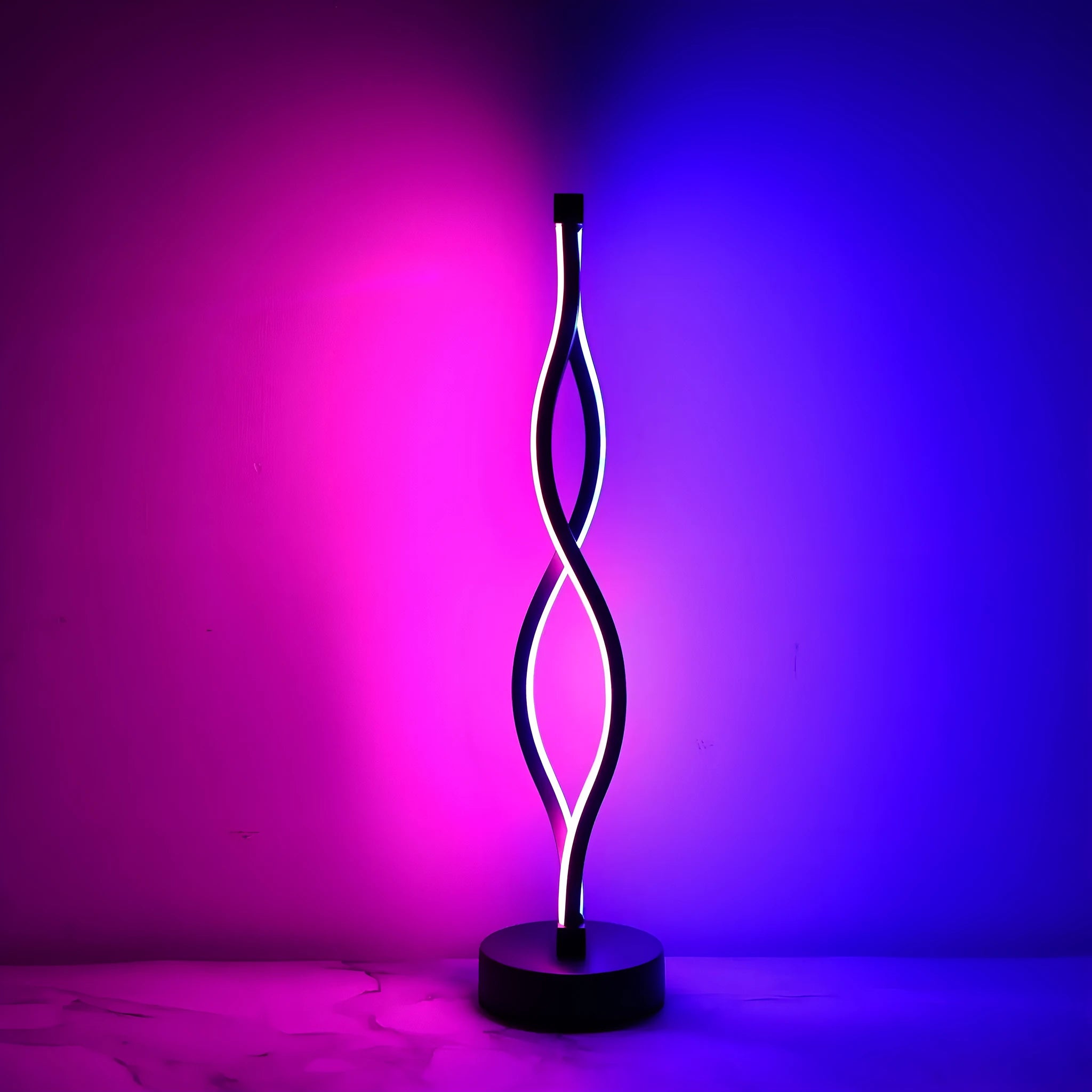 Black aluminium desk lamp with touch dimming controls and three-colour lighting options