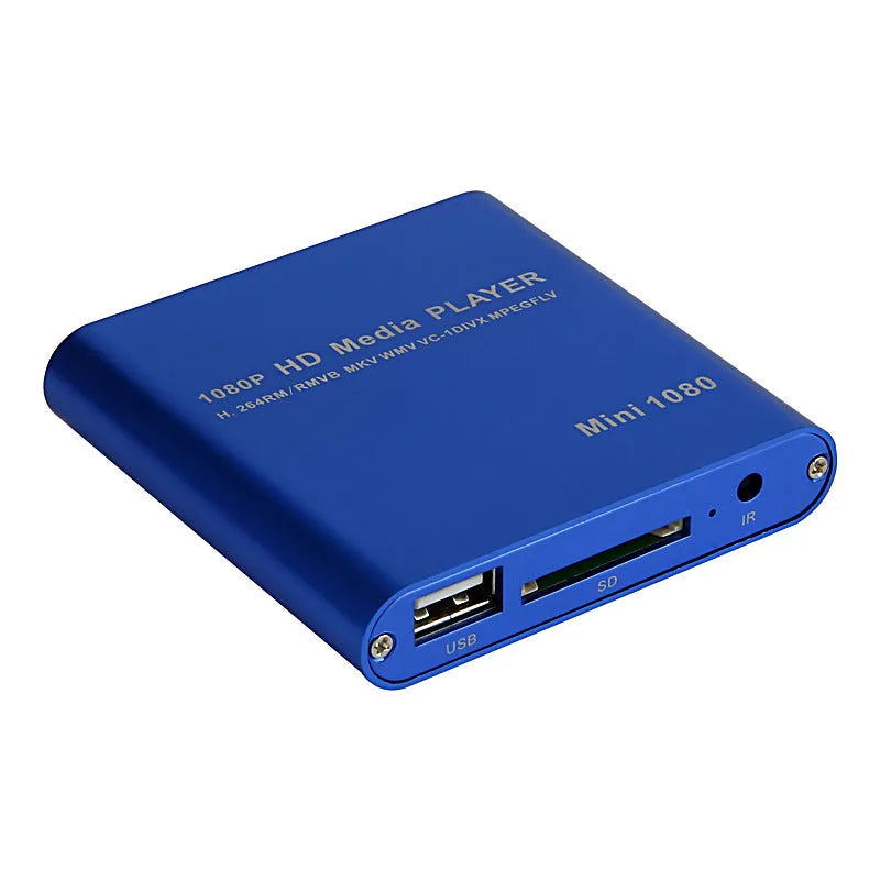 1080P Full HD media player in black or blue with HDMI, SD, USB and HDD ports