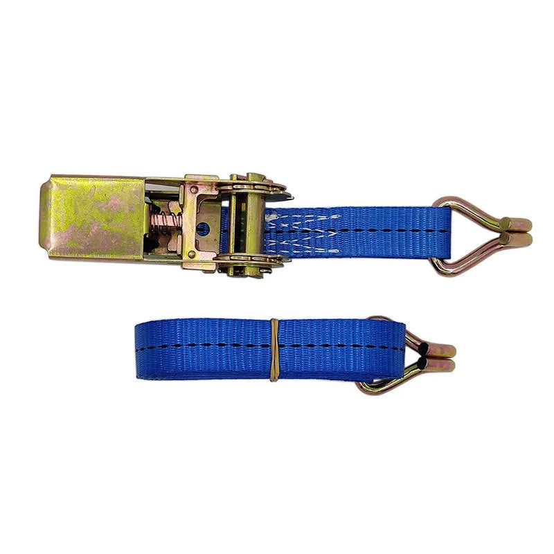 Steel ratchet tensioner fastening strap with double hooks and 1-inch wide grey polyester webbing.