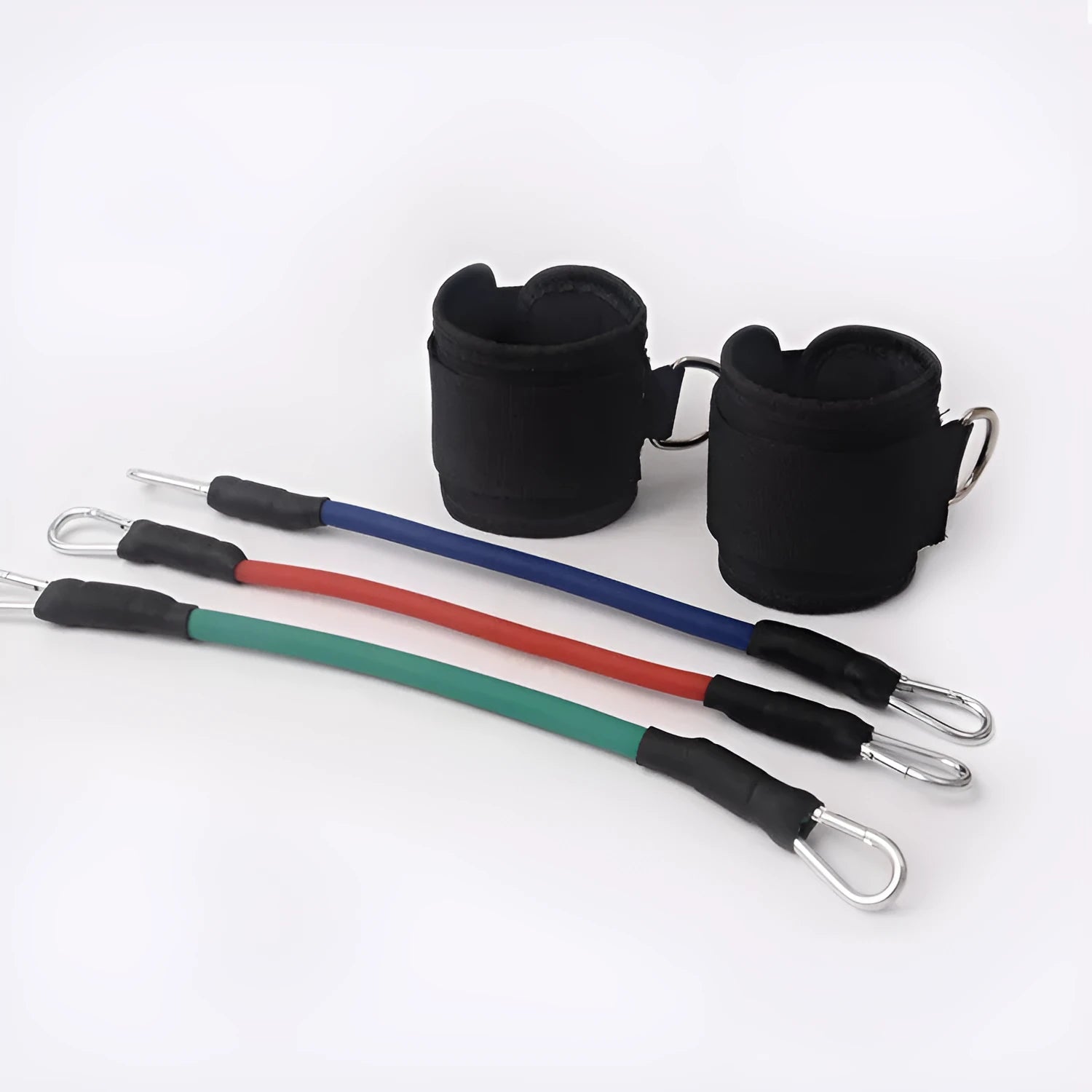 Black polypropylene pull rope set for taekwondo and explosive leg force training.