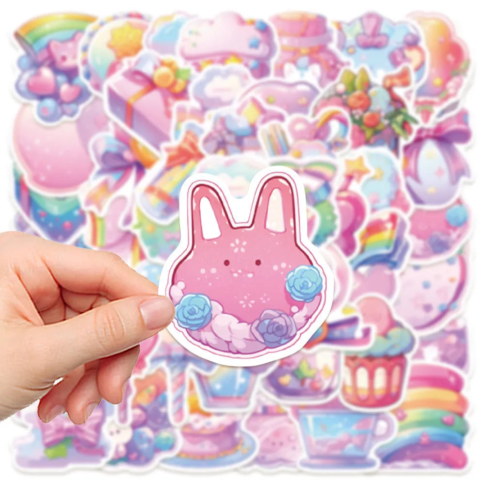 Pack of 50 colourful cute candy and small object waterproof stickers ranging from 4cm to 7cm in size.